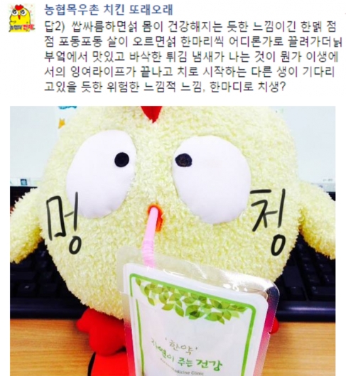 (또래오래) 운영자가 밝힌 마약복용 후의 느낌. 마약의 부작용 때문인지 무슨 뜻인지 알아들을 수 없었다. (아래) 마약복용 중이라며 보내온 인증사진. 자신을 동물인형이라 여기는 것으로 미뤄보아 마약중독에 의한 정신분열증이 의심된다. - 페이스북 (농협목우촌 치킨 또래오래( 제공