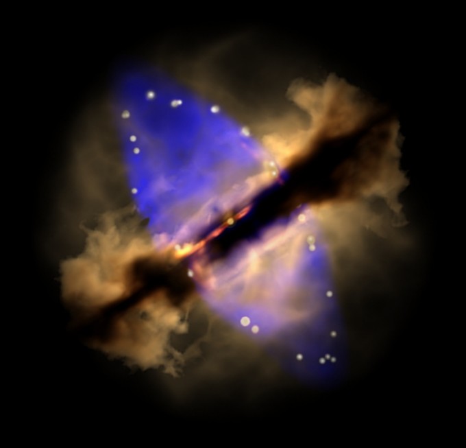 지구에서 약 4000광년 떨어진 ‘W75N’ 안에 있는 어린별 ‘VLA 2’가 위아래 방향으로 먼지와 가스를 내뿜고 있다(파란색). 한국천문연구원 연구진은 2013년 이 과정을 세계 최초로 관측한 데 이어 최근 이를 한 차례 더 관측해 주목받았다. - 멕시코국립자치대(UNAM) 천문연구소 제공 제공