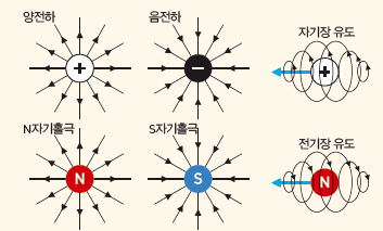 전자기 자기홀극의 개념. 전하는 양극과 음극으로 나뉘고 각자 독립적이다. 전하가 움직이면 주변에 자기장이 생긴다. 이에 비해 자기는 쌍극자로 N극과 S극이 항상 붙어서 나타난다. 그러나 자기홀극은 자극이 전하처럼 N극과 S극이 독립적으로 존재할 수 있다고 가정한다. 자기홀극의 성질은 전하와 대칭적이다.