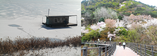 지난 겨울 꽁꽁 얼어 있던 의암호(왼쪽), 봄으로 물든 삼악산과 어우러진 호수 풍경(오른쪽). - 고기은 제공