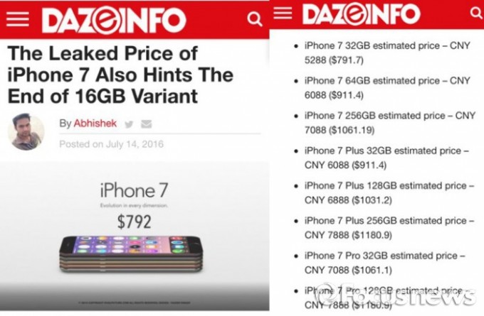 인도 IT전문매체인 데이즈인포(Dazeinfo)가 웨이보를 인용해 보도한 오는 9월 초 출시 예정인 애플의 아이폰7시리즈의 가격정보. - 인도 IT전문매체 데이즈인포 홈페이지 제공