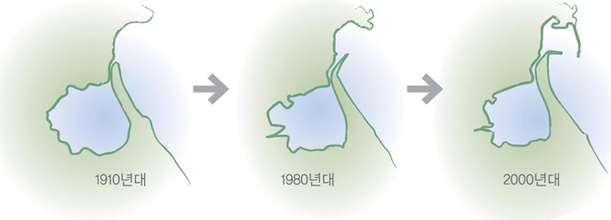 청초호의 면적 변화. 1990년대 호수의 약 3분의 1이 매립되면서 규모가 대폭 줄었다. - 원주지방환경청 제공