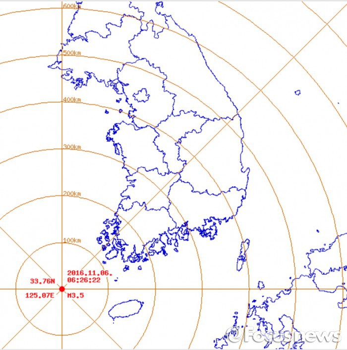 6일 오전 6시26분쯤 전라남도 신안군 흑산면 남남서쪽 106㎞ 해역에서 규모 3.5 지진이 발생했다. <사진 출처=기상청> - 포커스 제공