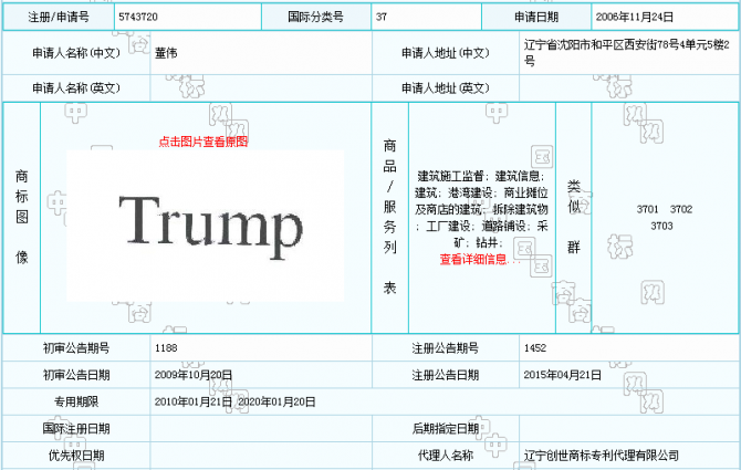동웨이(董伟)가 37류에 신청한 Trump 상표 (등록번호 5743720) - 상표국 검색화면 캡처 제공