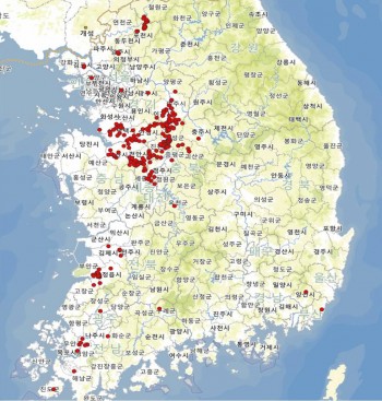 국내 고병원성 AI 양성판정 지도(28일 24시기준) - 농림축산검역본부 제공