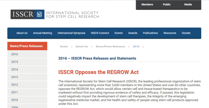 "국제줄기세포연구학회는 재성장법에 반대한다(ISSCR Opposes the REGROW Act)" - 국제줄기세포연구학회 홈페이지 갈무리 제공