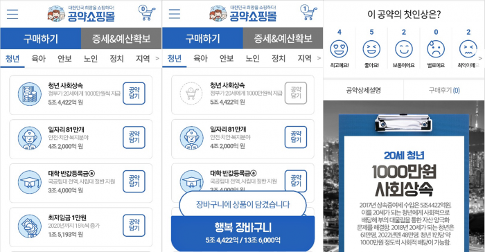 공약쇼핑몰에 입점한 공약의 이름과 가격, 설명은 실제 대선후보들이 밝힌 공약의 정보입니다. 각 후보별 미니샵도 마련돼 있습니다. 개별 공약의 내용을 상세히 살펴보고 평가할 수 있습니다. 공약을 장바구니에 담으면 자동으로 비용이 계산됩니다. - (주)동아사이언스 제공