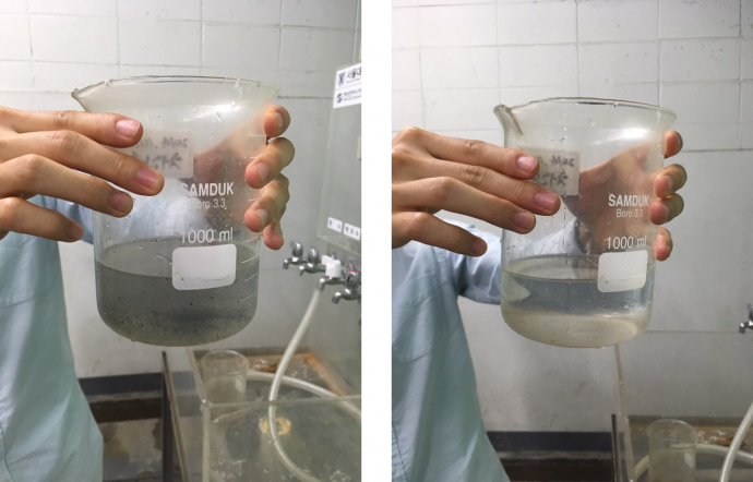 샤워용수로 사용한 물(왼쪽)을 간단한 정수 과정을 거쳐 냄새와 부유물을 제거하면(오른쪽) 변기 오물을 해결하는 용도로 사용할 수 있다. - 오가희 기자 solea@donga.com 제공