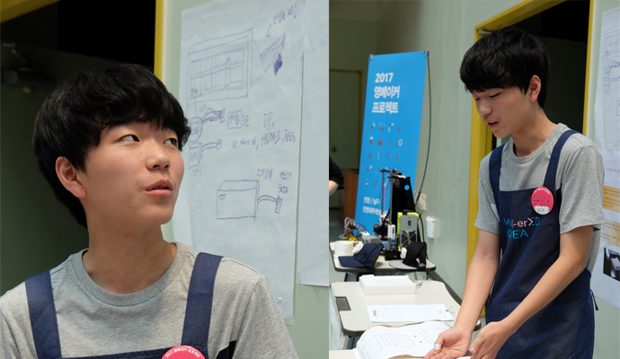 김민규(인천 부평동중 2년) 군은 자신의 지각을 막아줄 스마트 베개를 설계하고, 시제품을 만드는 중이다. - 염지현 제공