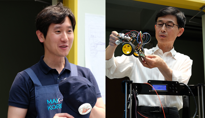 지난 17일에 열린 미니 메이커 페어에서 멘토 선생님들도 각자의 작품을 소개하는 시간이 이어졌다. 리더 멘토인 임상현 인천 석남중 기술 교사(왼쪽), 김형기 비젼3DP 대표(오른쪽 모습). 임 교사는 자신이 응원하는 야구 팀의 로고를 3D 프린터로 인쇄해 불이 들어오는 응원 모자를 직접 만들었고, 김 대표는 직접 조립한 3D 프린터(27만 원 상당)와 블루투스로 조종이 가능한 자동차를 선보였다. - 염지현 제공