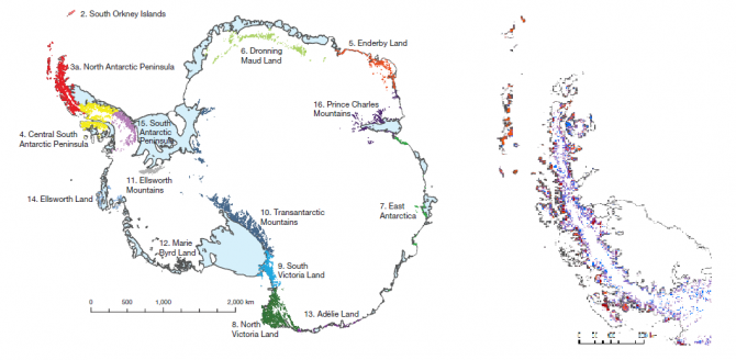 21세기 말 현재 생물종이 서식하는 각 지역별로 빙하가 녹아 생물 서식지가 넓어진 모습(왼쪽). 가장 크게 면적이 넓어질 북쪽 남극반도부분을 확대한 그림(오른쪽)이다 - Queensland University 제공