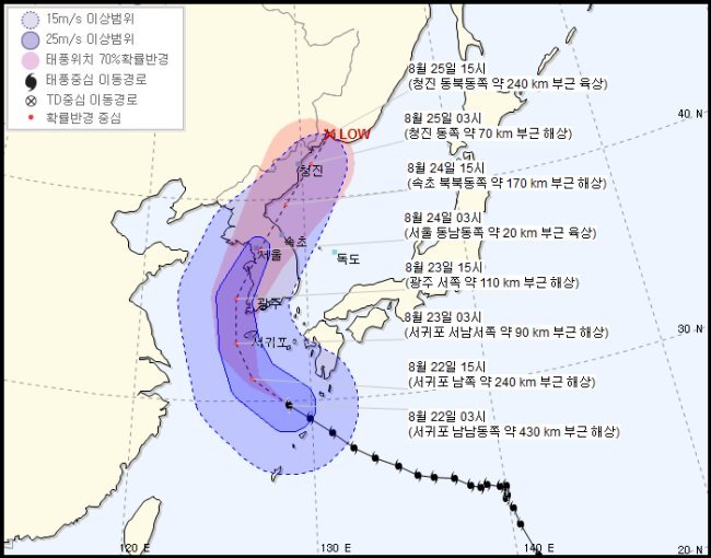 제 19호 태풍 솔릭의 예상 경로와 한반도를 지나는 시간을 나타냈다-기상청 제공