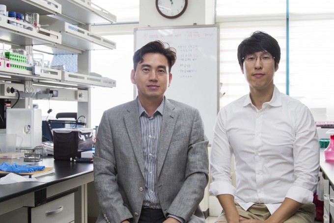 김유천(왼쪽) KAIST 생명화학공학과 교수와 윤채옥 한양대 생명공학과 교수 공동연구팀은 세포의 이온 항상성을 교란하는 원리를 이용해 암 세포 자가사멸을 유도하는 항암제를 개발했다. 제1저자로 이대용(오른쪽) KAIST 생명화학공학과 박사후연구원도 함께 연구에 참여했다.KAIST 제공