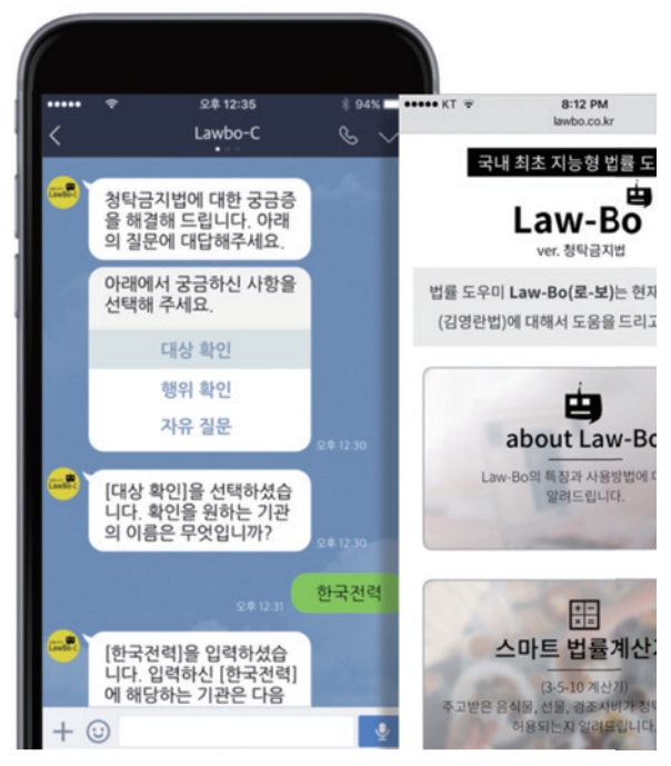′부정청탁 및 금품 등 수수의 금지에 관한 법′ 시행에 맞춰 2017년 시범운영한 Q&A형 법률 AI ′로보(Law-Bo).′ 인텔리콘연구소는 로보와 CIA를 포함한 여러 법률 AI 서비스를 제공하는 플랫폼을 연말에 선보일 예정이다. 인텔리연구소 제공