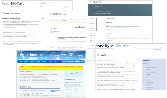 bioRxiv, NEJM, 랜싯, ChinaXiv, medRxiv 온라인사이트 캡처
