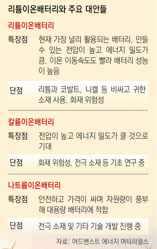 리튬이온배터리와 주요 대안들을 정리했다. 칼륨과 나트륨이온배터리는 자원 매장량이 훨씬 풍부해 재생에너지 등을 저장할 대형시설에 적합하다. 어드밴스드 에너지 머티리얼스 제공