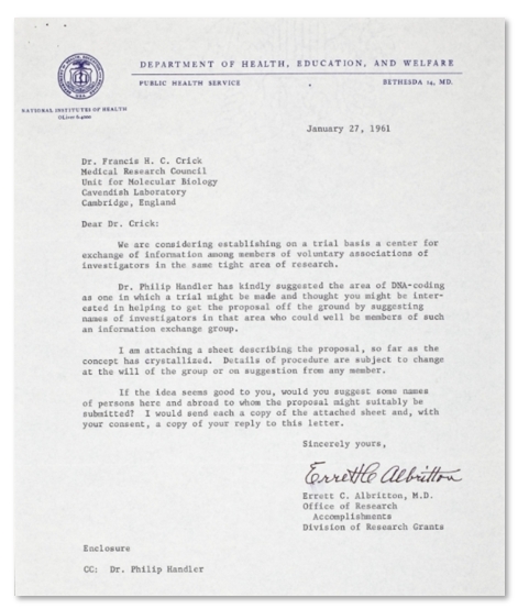알브리톤이 프랜시스 크릭에게 보낸 편지. 출처 Cold Spring Harbor Laboratory Archive