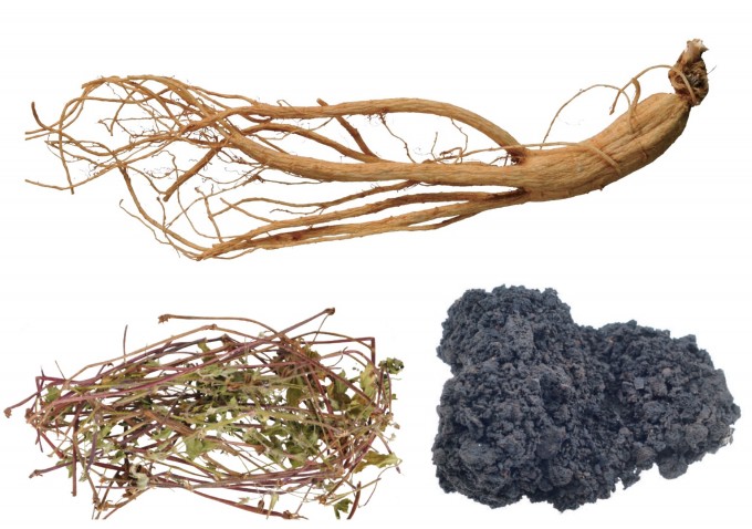 Ginseng, Hyeoncho, and dried chives (counterclockwise from the top) are used as herbal medicine. Provided by Korea Institute of Oriental Medicine