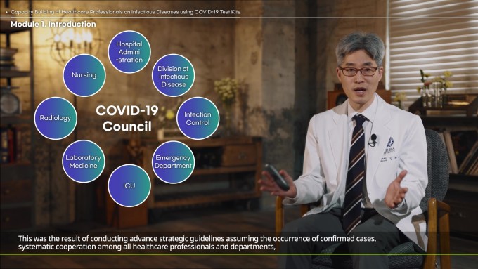 김문규 연세의료원 국제개발센터 소장이 코로나19 동영상 교육의 목적과 프로그램 구성 등을 설명하고 있다. 연세의료원 제공