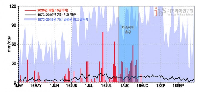 2020년 5월 1일부터 8월 15일까지 52개 지점 평균 일 강수량 시계열(적색 막대) 및 5월 1일부터 9월 30일까지 기후 평균(1973-2019) 일 강수량 시계열(흑색 선). 청색 음영은 각 일자 별 1973년부터 2019년 중 일 최대 강수량 값을 나타낸 것이다. 각 52개 지점 일 최대 강수량 값을 먼저 구한 후 지점 평균을 구하였다. 출처 https://data.kma.go.kr/cmmn/main.do