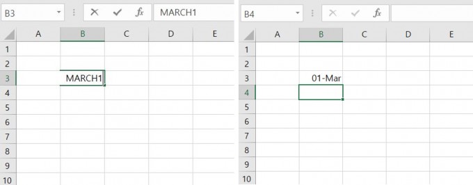 엑셀에 MARCH1을 입력하고 엔터를 치자 1-Mar로 자동으로 변환해준다. 엑셀 프로그램 캡처