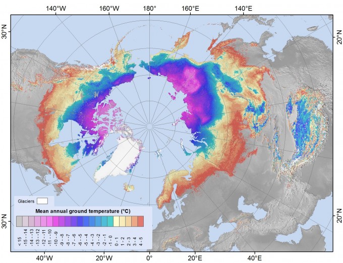 2000~2016년 북반구 영구동토층의 지상 기온을 색으로 표현했다. 노란색~빨간색이 영상의 기온을 보이는 곳으로, 시베리아 남부와 북유럽 북부, 알래스카 남부 등에서 영상의 기온을 보이고 있다. 오슬로대 제공