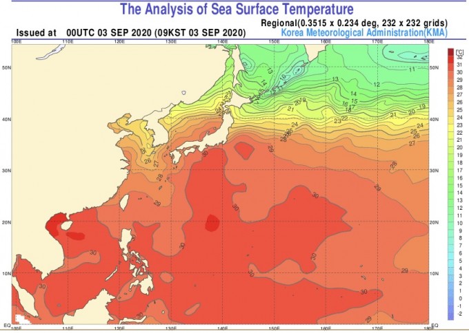 9월 3일 기준 한반도 주변 해수 온도 분포도. 기상청 제공.