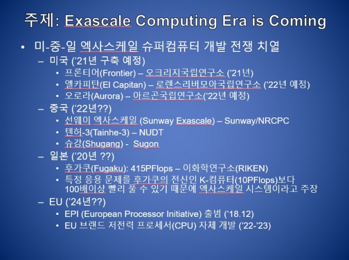 미국과 중국, 일본, 유럽의 엑사급 슈퍼컴퓨터 개발 동향을 정리했다. 빠르면 2021년부터 엑사급 컴퓨터가 등장할 것으로 보인다. KISTI 제공