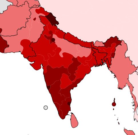 인도의 지역별 10만 명당 확진자 수를 보여주는 그래프로 색이 짙을수록 많다는 뜻이다. 채식 식단인 북인도와 중인도가 잡식 식단인 남인도에 비해 다소 적음을 알 수 있다. 위키피디아 제공