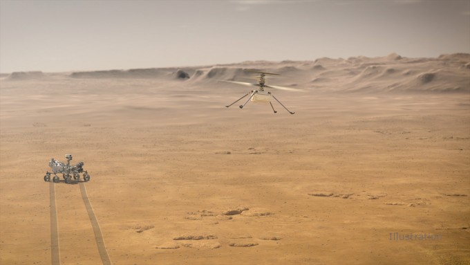 미국항공우주국(NASA)의 화성탐사 로버 ′퍼시비어런스′와 헬리콥터 ′인지뉴이티′의 모습을 담은 상상도다. NASA 제공