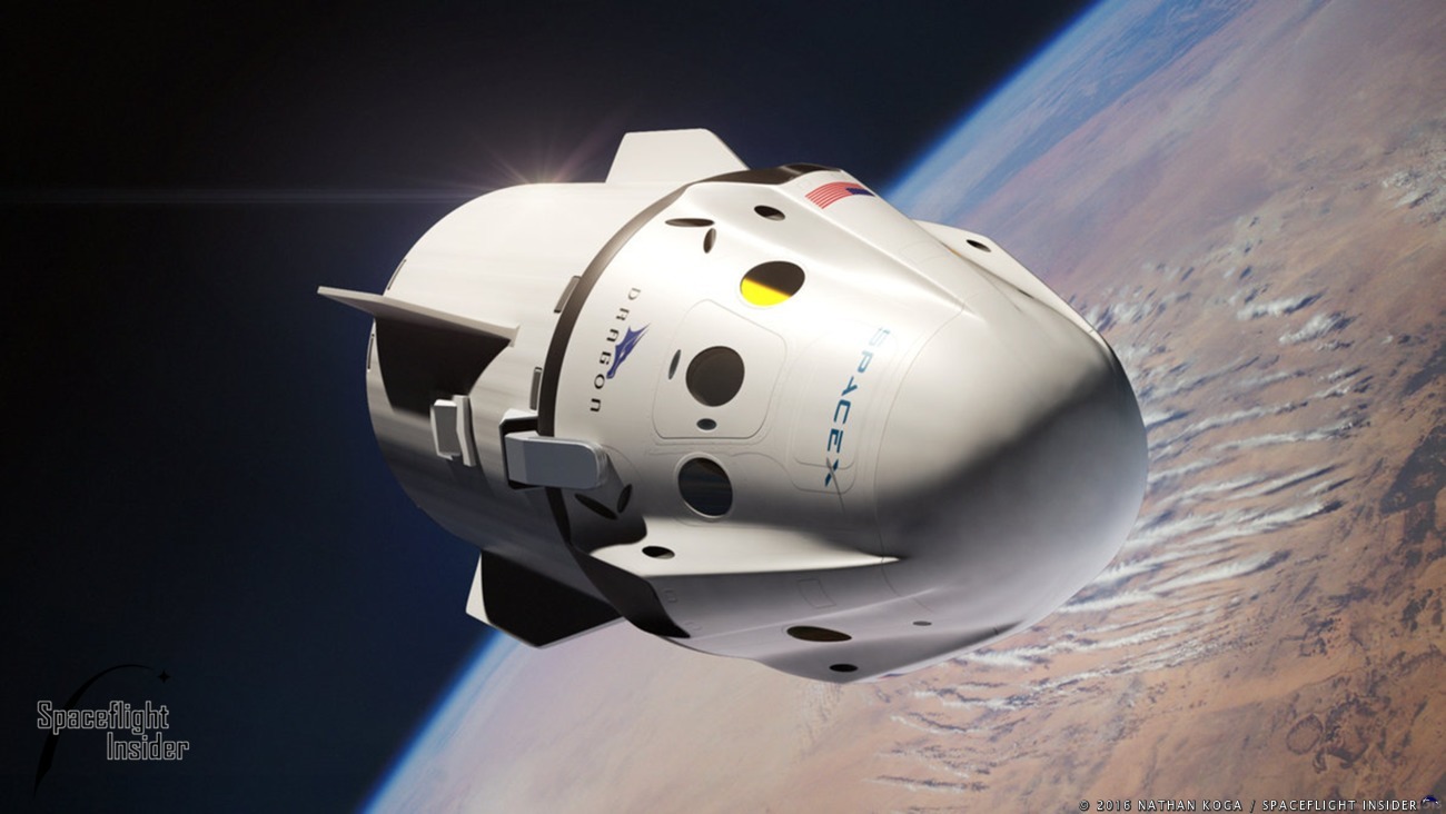 アメリカの宇宙会社スペースXが開発した有人宇宙船、クルードラゴンの画像。