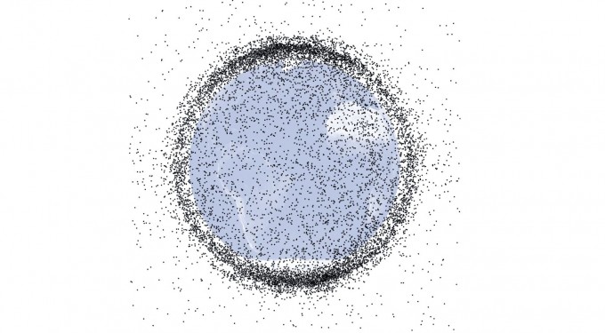 地球を周回するスペースデブリの分布のモデル図も描かれました。 ウィキペディア提供