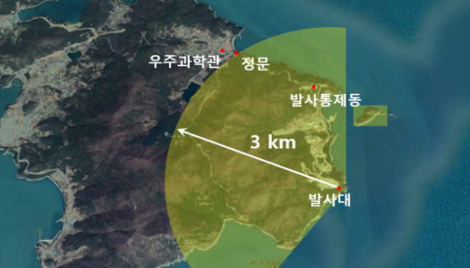 누리호 발사대 중심 반경 3km 지역이 육상통제 범위다. 과기정통부 제공.