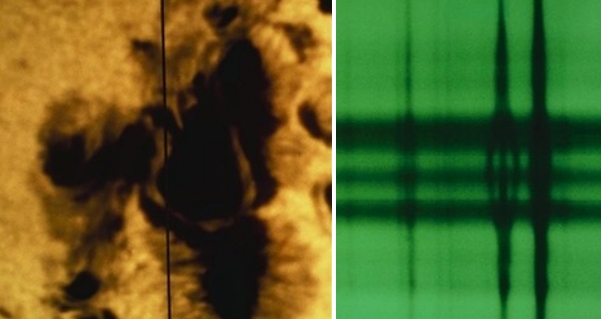 제이만 효과(제만 효과)는 자기장 속에서 원자의 선 스펙트럼이 갈라지는 현상이다. 사진은 태양 흑점(왼쪽)의 자기장으로 스펙트럼이 3갈래로 갈라지는 모습(오른쪽 사진 가운데)