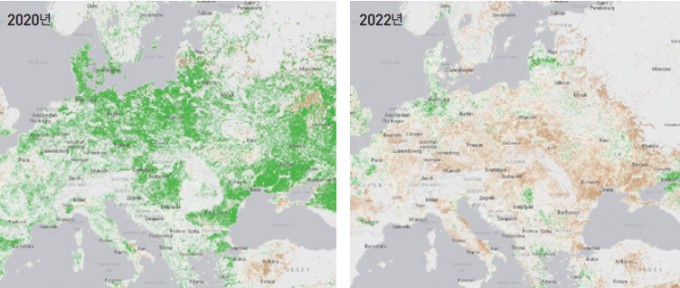 올해 4월(오른쪽)과 2020년 4월(왼쪽) 유럽과 우크라이나 일대의 정규 식생 지수(NDVI) 데이터. 올해에는 NDVI(초록색)가 낮아지며 해당 지역의 식물 생장률이 크게 떨어진 것을 알 수 있다. 