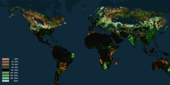 지난 4월 14일 전 세계의 NDVI 현황. 각 지역의 색상이 평균과 비교한 식물의 생장률을 의미한다. 녹색이 밝아질수록 높은 생장률, 주황색에 가까워질수록 낮은 생장률이다. 북아메리카와 브라질, 러시아, 우크라이나, 남아프리카 등지에서 흉작이 든 것을 알 수 있다.