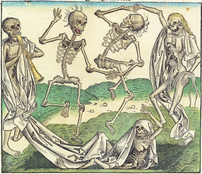 중세 말기 문화 중 하나였던 죽음의 무도에 묘사된 흑사병의 모습. 중세시대 사람들은 교회 묘지에서 신들린듯 춤을 추면 죽은 이와 교감할 수 있다고 믿었다. Michel Wolgemut, Wilhelm Pleydenwurff 제공