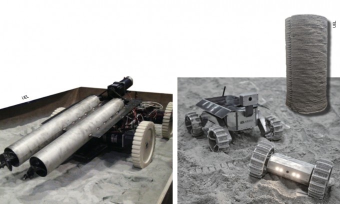 UEL은 2019년부터 달 현장 자원을 활용한 무인 달 탐사 ‘로버’ 개발에 주력하고 있다. 로버에는 각종 센서와 고해상도 카메라가 장착돼 있다. 왼쪽부터 채굴 로버, 달 탐사 로버, 월면토를 이용해 적층제조로 만든 기둥이다. UEL 제공