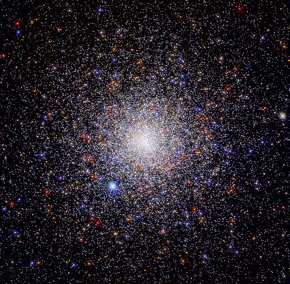 태양에서 4만 광년 떨어져 있는 구상성단 NGC 1851(사진)에 존재하는 펄서 PSR J0514-4002E의 관측 데이터를 분석한 결과 질량이 태양의 2.35배인 고밀도 동반성이 확인됐다. 이는 지금까지 알려진 가장 무거운 중성자별이거나 가장 가벼운 블랙홀이다. 위키미디어 제공