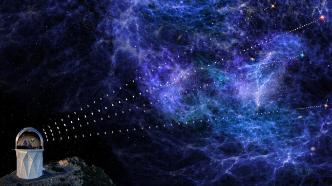 은하보다 밝은 ′퀘이사′의 빛을 관측하는 상상도. DESI 제공