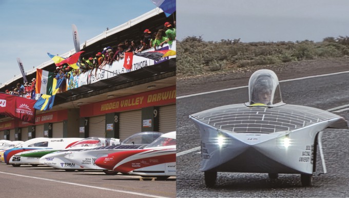 올해 월드솔라챌린지에는 총 17개 국가에서 34팀이 참가했다. 각국의 응원전이 치열했다(왼쪽). 스누 원은 무게를 줄이기 위해 에어컨이나 카시트 등을 설치하지 않았다. 결국 드라이버는 호주 여름의 무더위를 온몸으로 버텨야 했다(오른쪽). 스누 솔라 제공