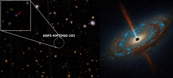 왼쪽은 먼지 속에 묻혀 있으면서도 외계행성탐색시스템 망원경으로 푸른빛을 드러낸 천체(ID: ADFS-KMTDOG-102)다. 오른쪽은 두꺼운 먼지에 덮인 모은하 속에서 푸른빛이 새어 나오는 장면을 실제 관측 정보를 기반으로 AI가 시각화한 이미지다. 천문연 제공