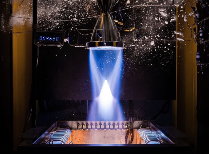 A combustion test of Perigee's 3-ton-class turbopump liquid methane engine. Courtesy of Perigee Aerospace