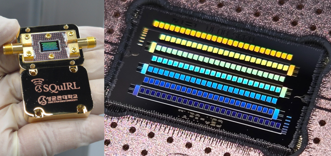 The Traveling-Wave Parametric Amplifier (TWPA) package (left) and TWPA chip developed by Sungkyunkwan University researchers. Credit: Sungkyunkwan University