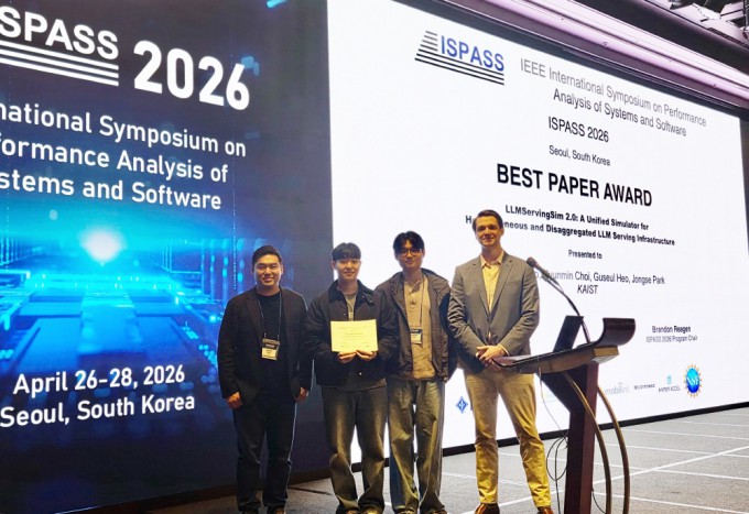 (From left) Jongse Park, professor in the School of Computing at KAIST; master’s students Jaehong Cho and Hyunmin Choi; and Brandon Reagen, professor at New York University. Credit: KAIST