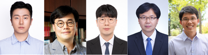 (From left) Dr. Cho Seok-ju of KAIST, Distinguished Professor Park In-kyu, Professor Ha Ji-hwan of Hanbat National University, Principal Researcher Jeong Jun-ho of the Korea Institute of Machinery and Materials, Professor Wei Gao of Caltech. KAIST Provided