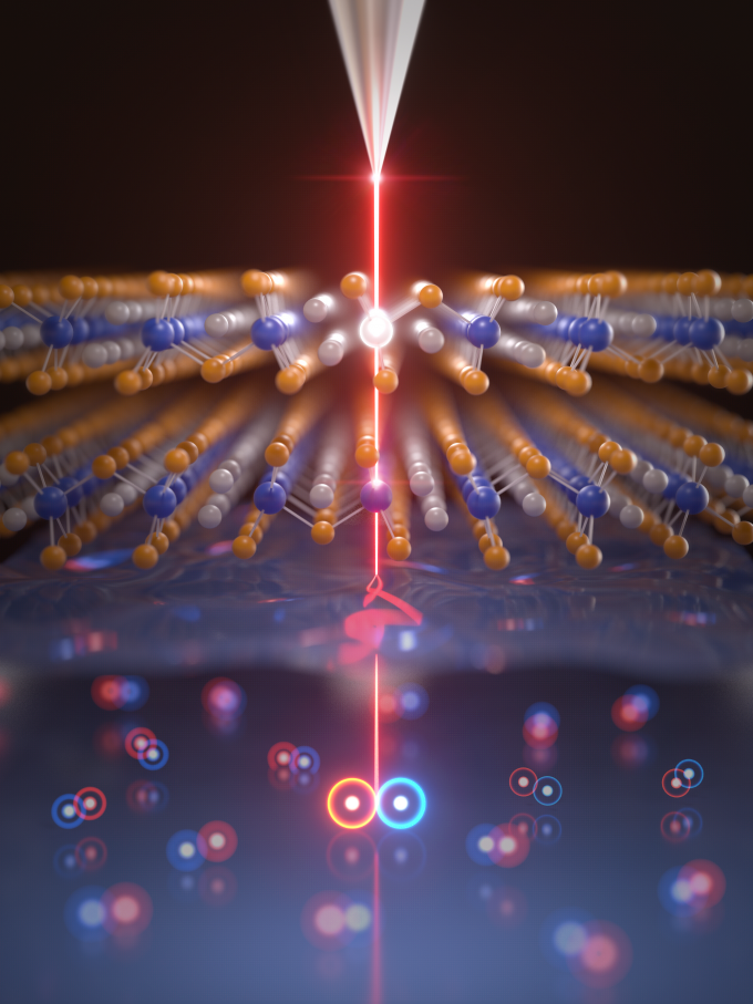 A 3D representation of the defect quantum state observed in the exciton condensate of tantalum palladium telluride (Ta2Pd3Te5) and the technology to control it at the nanometer scale. Provided by IBS
