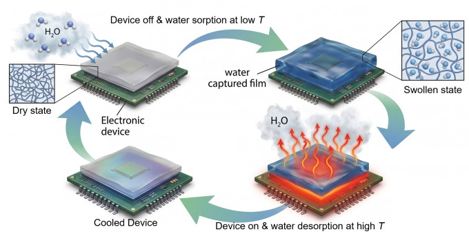 Operating principle of the passive cooling film. The film attached to an electronic device absorbs and stores moisture from the air, then releases it when heat is generated during device operation, continuously cooling the device. Provided by DGIST